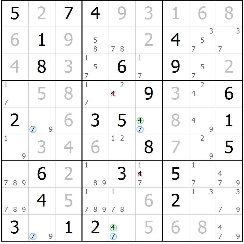 Position des candidats pour la solution de la Gr 43 page 46 du magazine de sudoku Suprême n° 029