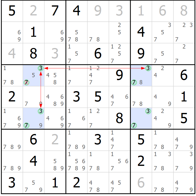 Position des candidats pour la solution de la Gr 43 page 46 du magazine de sudoku Suprême n° 029