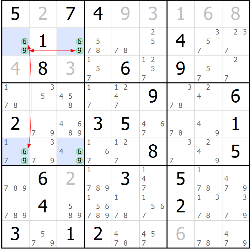 Position des candidats pour la solution de la Gr 43 page 46 du magazine de sudoku Suprême n° 029