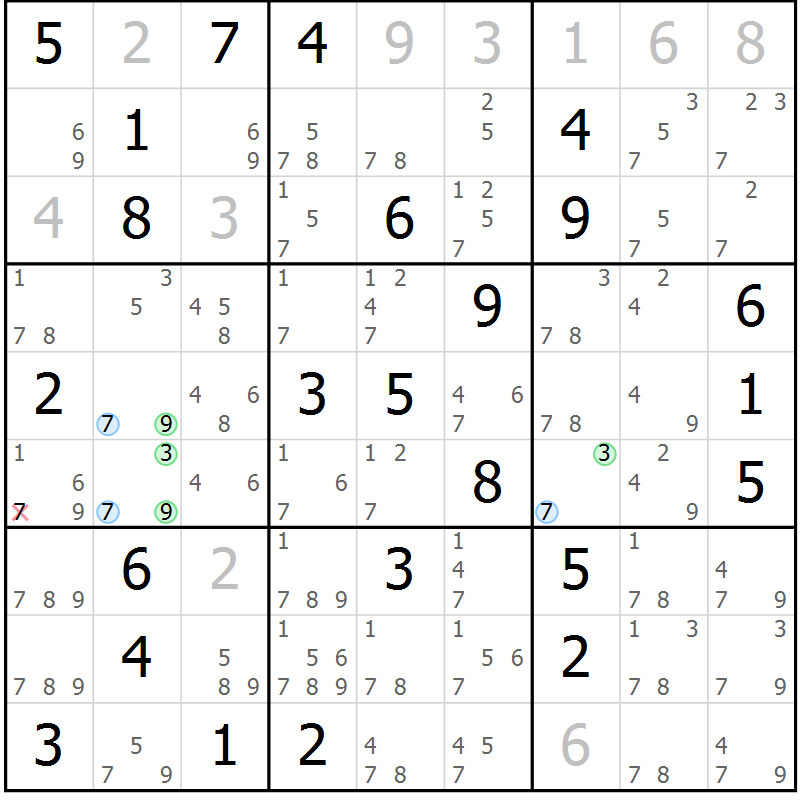 Position des candidats pour la solution de la Gr 43 page 46 du magazine de sudoku Suprême n° 029