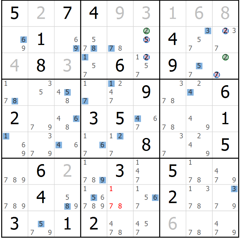 Position des candidats pour la solution de la Gr 43 page 46 du magazine de sudoku Suprême n° 029