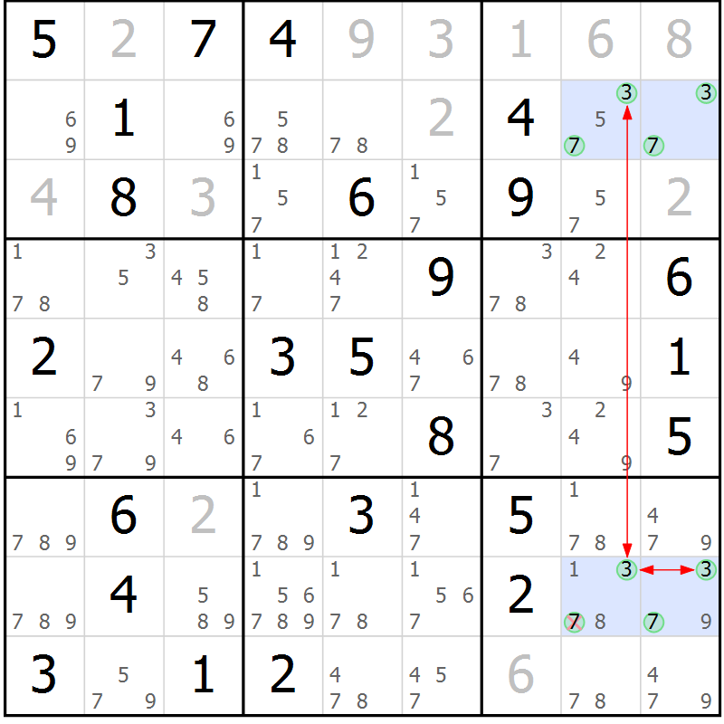 Position des candidats pour la solution de la Gr 43 page 46 du magazine de sudoku Suprême n° 029