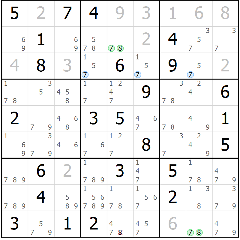 Position des candidats pour la solution de la Gr 43 page 46 du magazine de sudoku Suprême n° 029