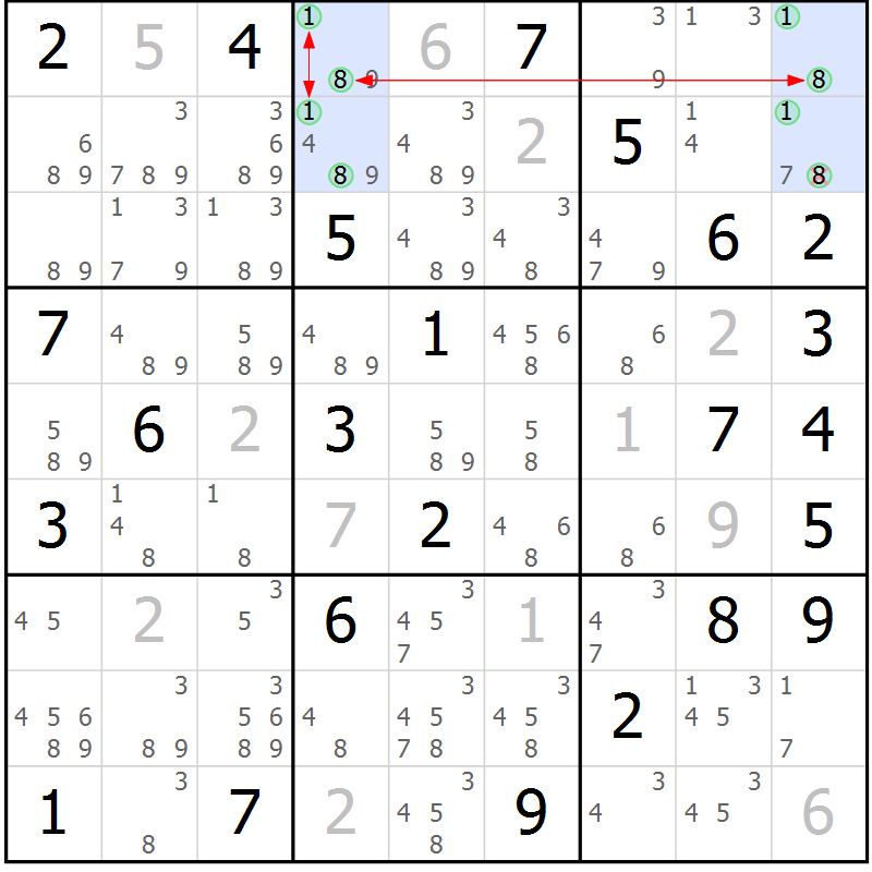 Position des candidats pour la solution de la Gr 45 page 48 du magazine de sudoku Suprême n° 029
