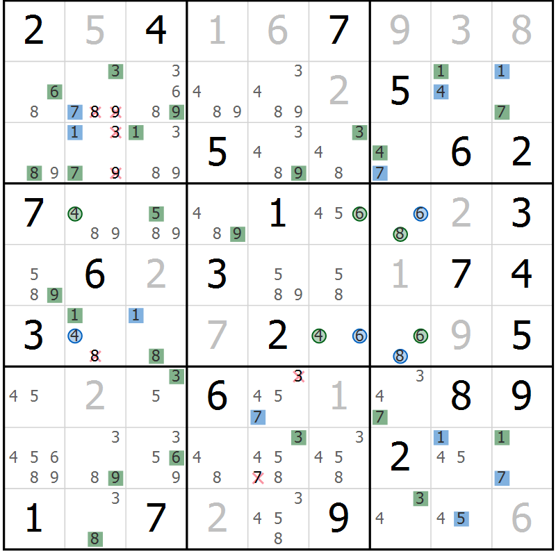 Position des candidats pour la solution de la Gr 45 page 48 du magazine de sudoku Suprême n° 029