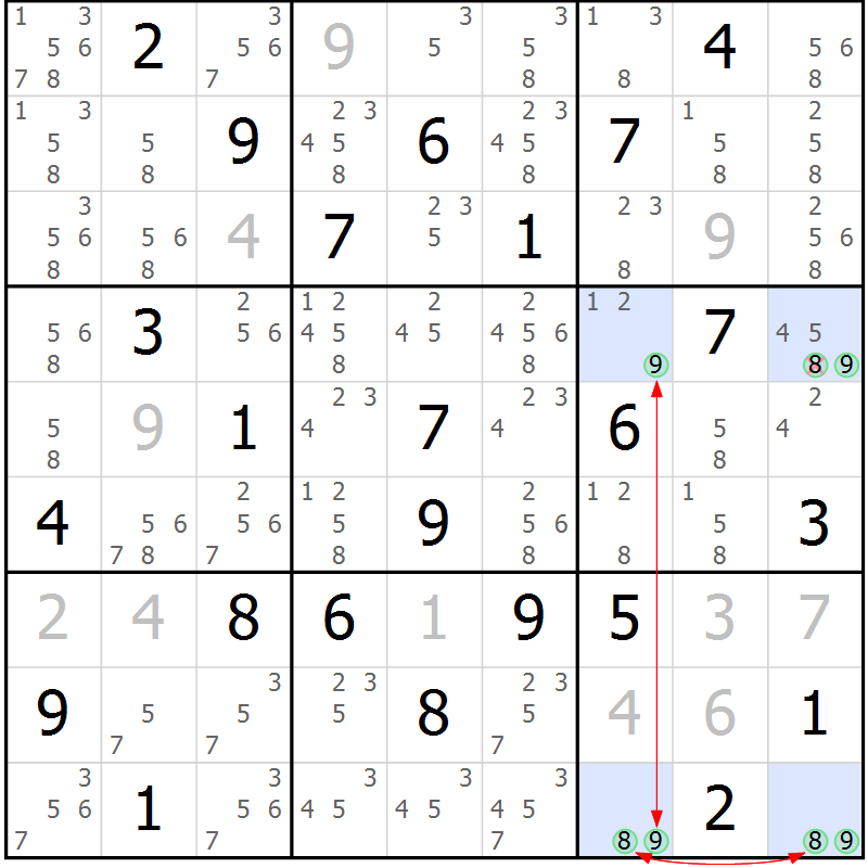 Position des candidats pour la solution de la Gr 46 page 49 du magazine de sudoku Suprême n° 029