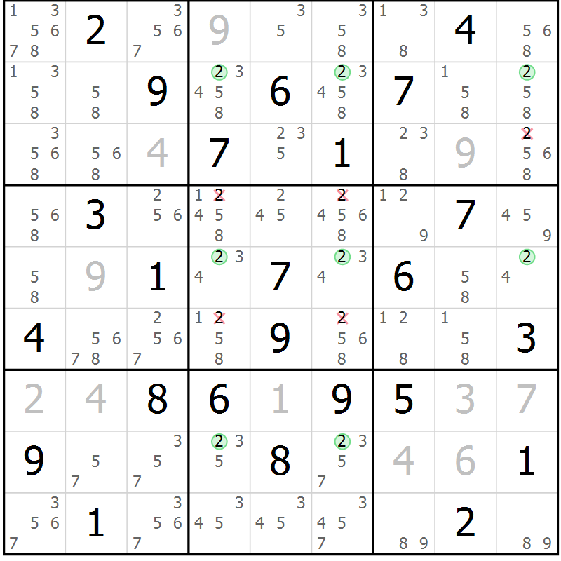 Position des candidats pour la solution de la Gr 46 page 49 du magazine de sudoku Suprême n° 029