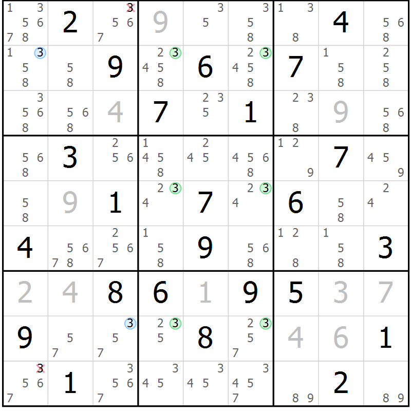 Position des candidats pour la solution de la Gr 46 page 49 du magazine de sudoku Suprême n° 029