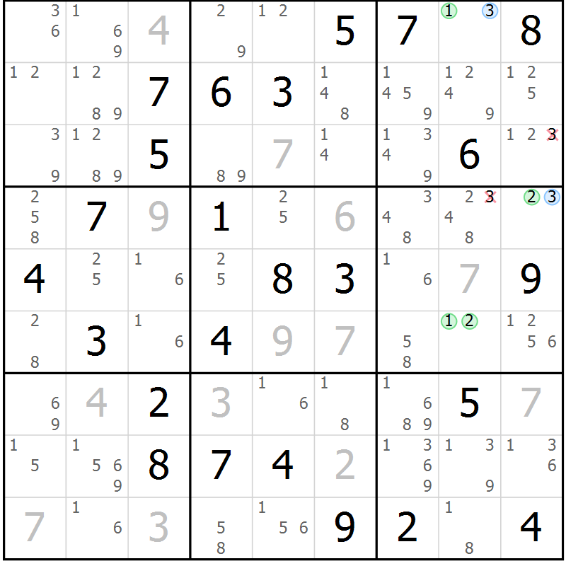Position des candidats pour la solution de la Gr 47 page 50 du magazine de sudoku Suprême n° 029