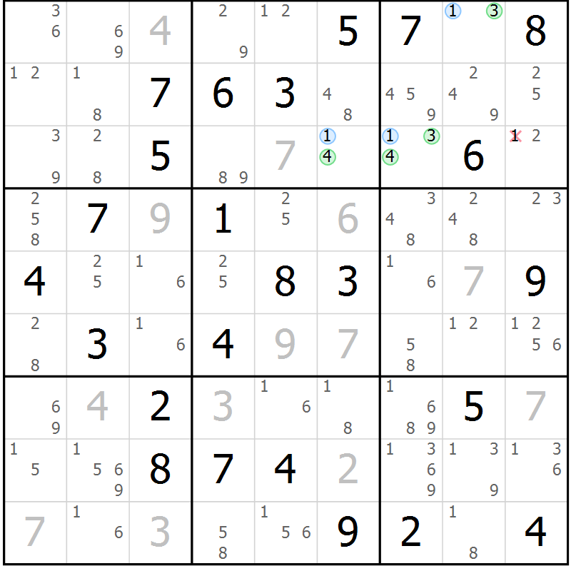 Position des candidats pour la solution de la Gr 47 page 50 du magazine de sudoku Suprême n° 029