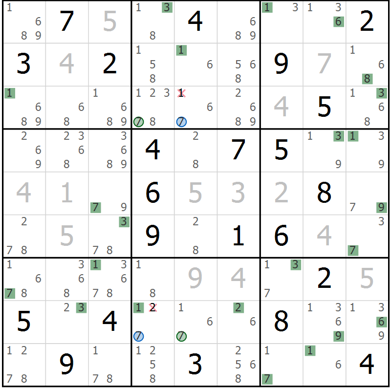 Position des candidats pour la solution de la Gr 5 page 8 du magazine de sudoku Suprême n° 029
