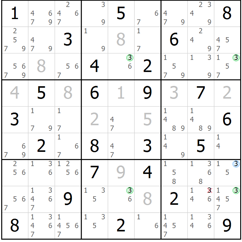 Position des candidats pour la solution de la Gr 50 page 53 du magazine de sudoku Suprême n° 029