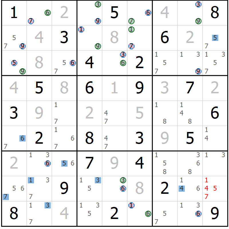 Position des candidats pour la solution de la Gr 50 page 53 du magazine de sudoku Suprême n° 029