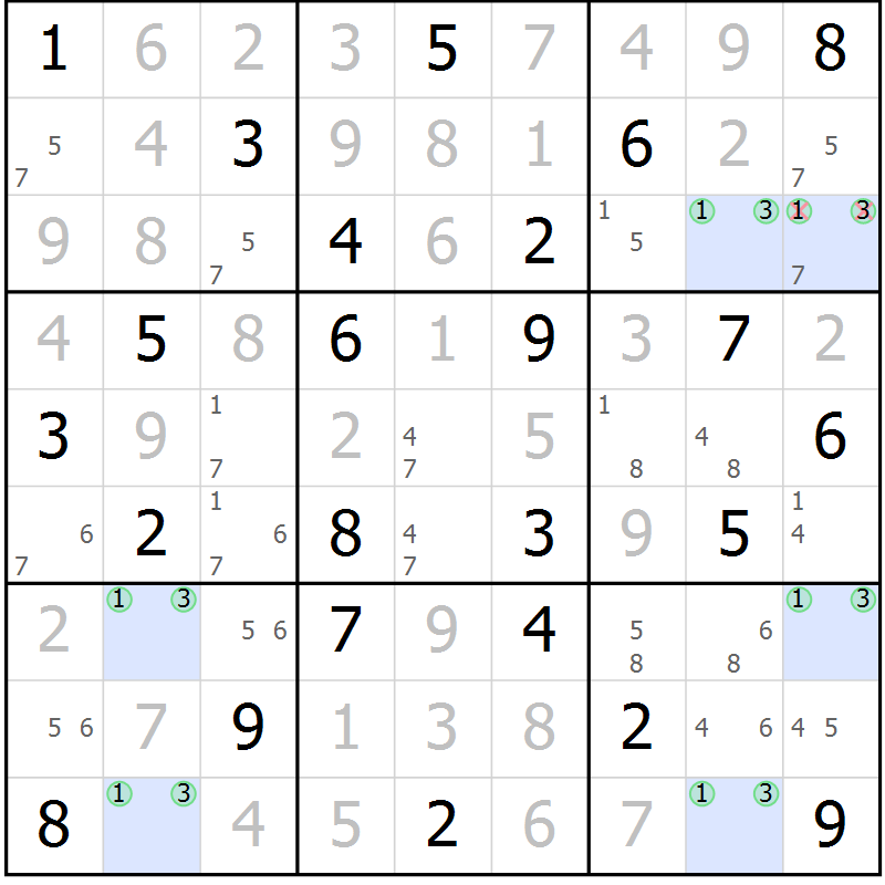 Position des candidats pour la solution de la Gr 50 page 53 du magazine de sudoku Suprême n° 029