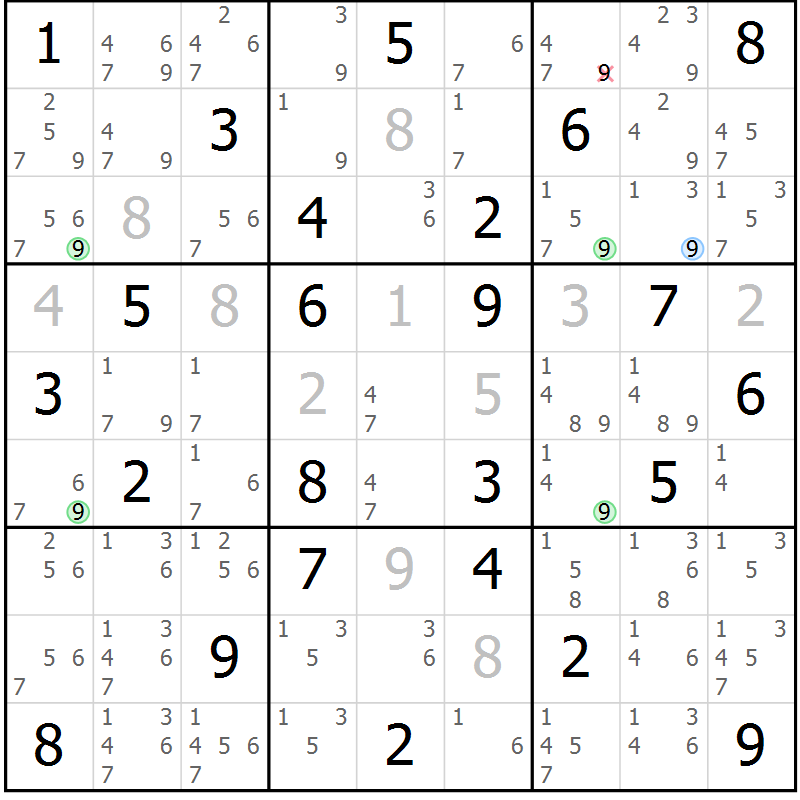 Position des candidats pour la solution de la Gr 50 page 53 du magazine de sudoku Suprême n° 029
