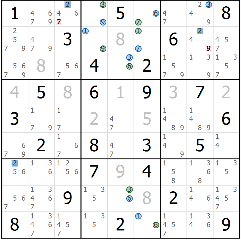Position des candidats pour la solution de la Gr 50 page 53 du magazine de sudoku Suprême n° 029