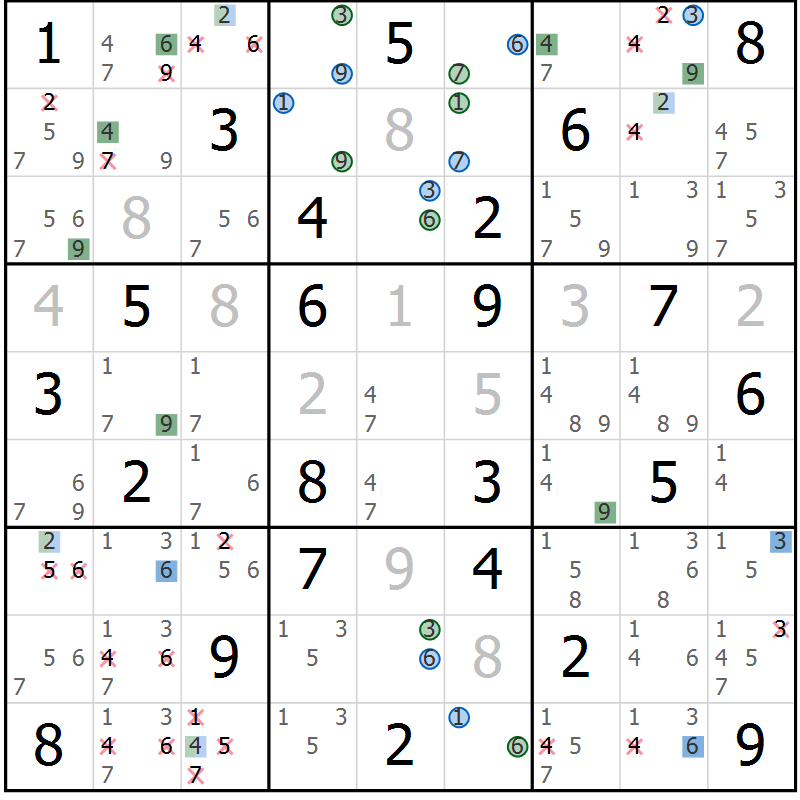 Position des candidats pour la solution de la Gr 50 page 53 du magazine de sudoku Suprême n° 029