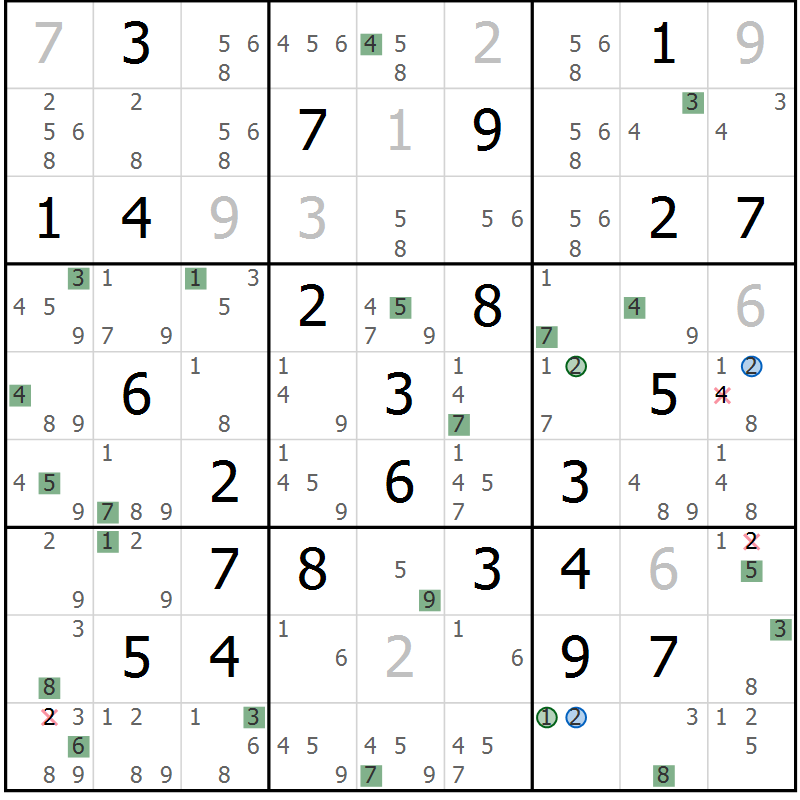 Position des candidats pour la solution de la Gr 52 page 55 du magazine de sudoku Suprême n° 029