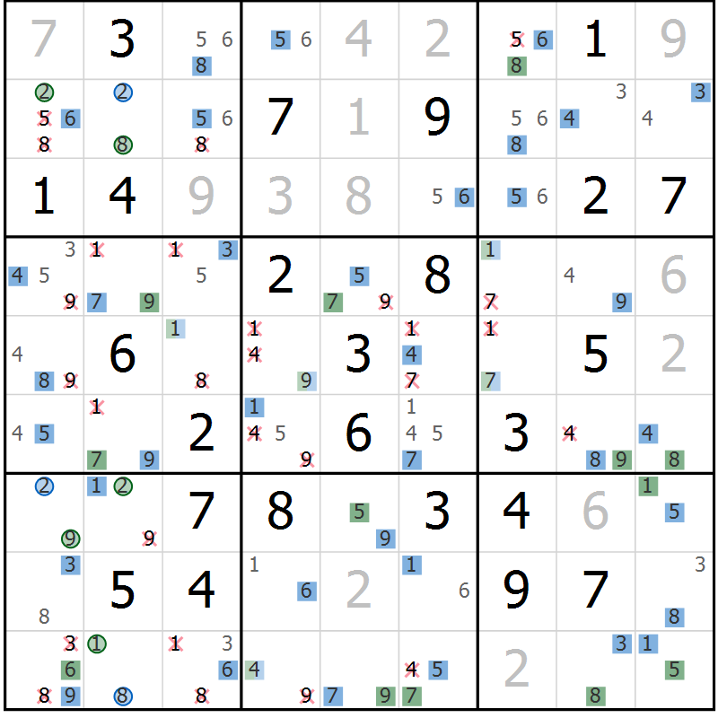 Position des candidats pour la solution de la Gr 52 page 55 du magazine de sudoku Suprême n° 029