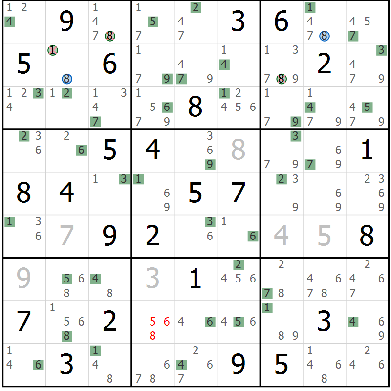 Position des candidats pour la solution de la Gr 54 page 57 du magazine de sudoku Suprême n° 029