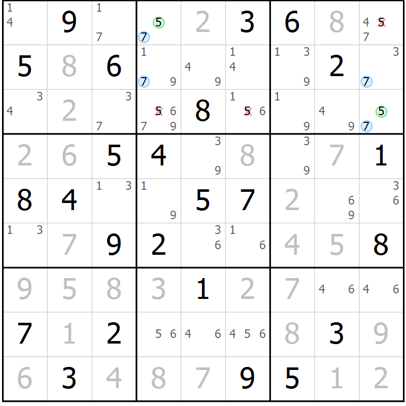 Position des candidats pour la solution de la Gr 54 page 57 du magazine de sudoku Suprême n° 029