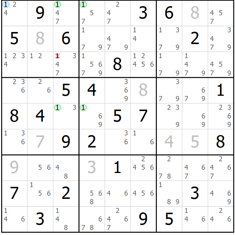 Position des candidats pour la solution de la Gr 54 page 57 du magazine de sudoku Suprême n° 029
