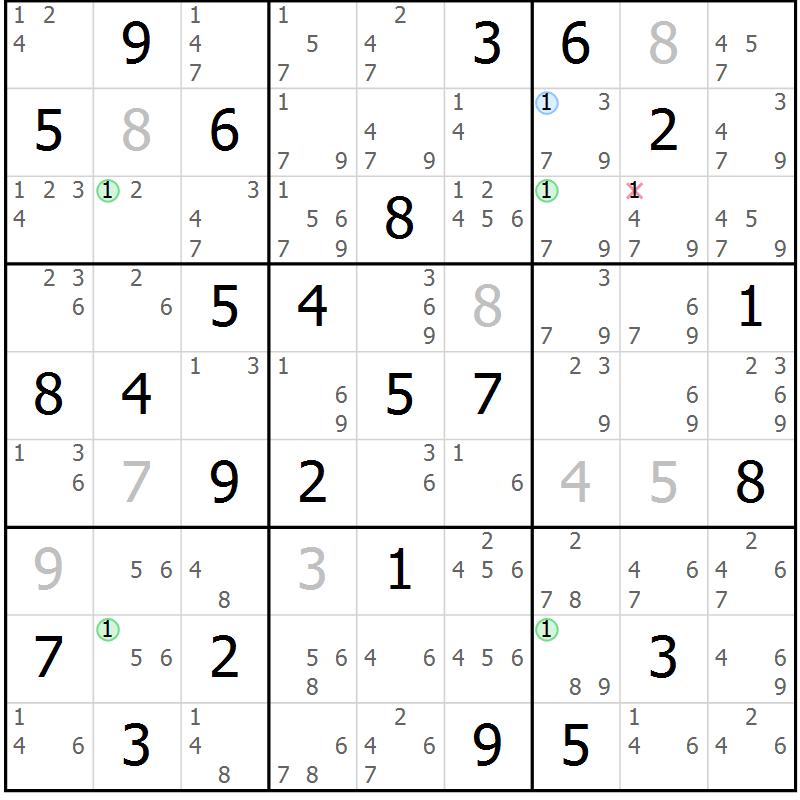 Position des candidats pour la solution de la Gr 54 page 57 du magazine de sudoku Suprême n° 029