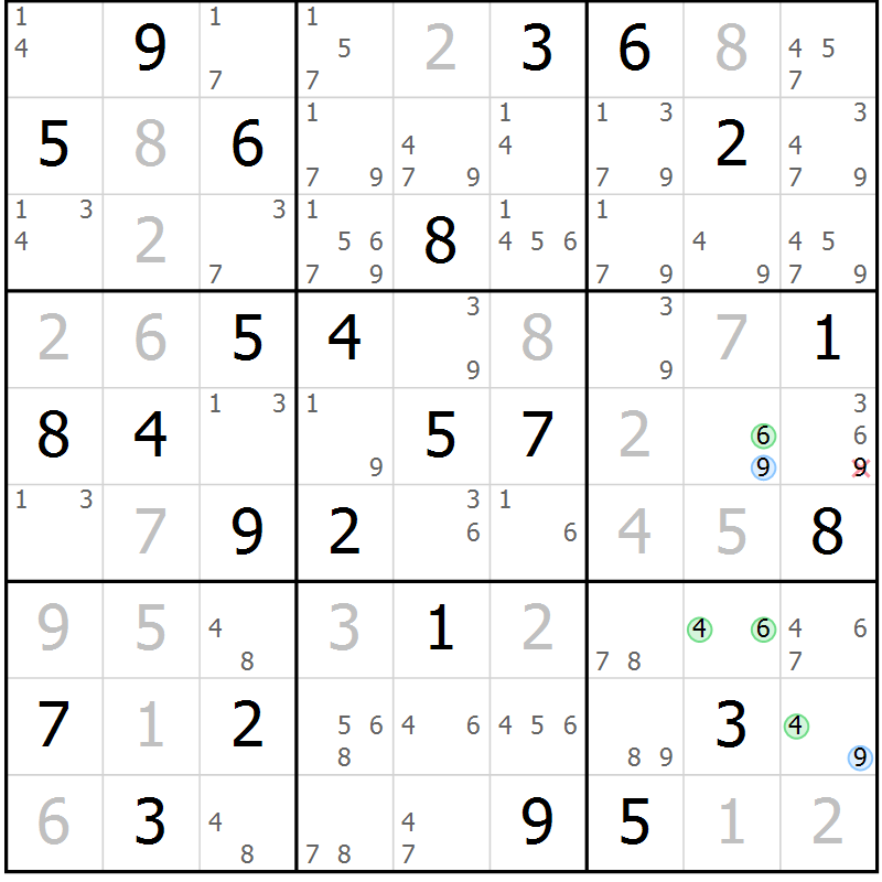 Position des candidats pour la solution de la Gr 54 page 57 du magazine de sudoku Suprême n° 029
