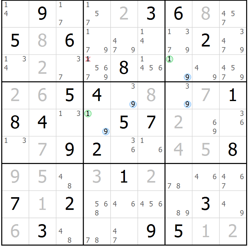 Position des candidats pour la solution de la Gr 54 page 57 du magazine de sudoku Suprême n° 029