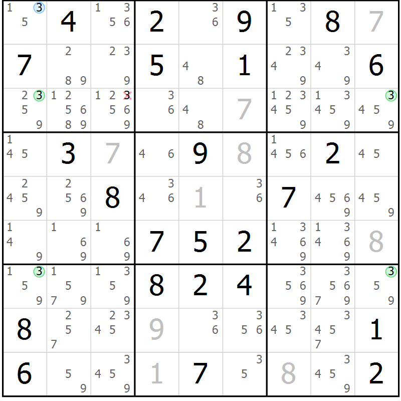Position des candidats pour la solution de la Gr 55 page 58 du magazine de sudoku Suprême n° 029