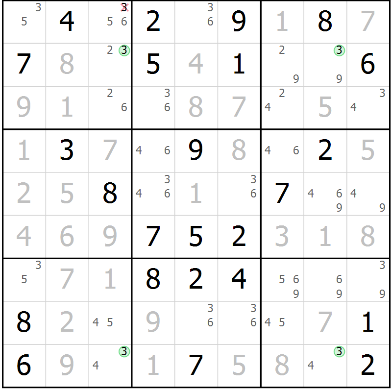 Position des candidats pour la solution de la Gr 55 page 58 du magazine de sudoku Suprême n° 029