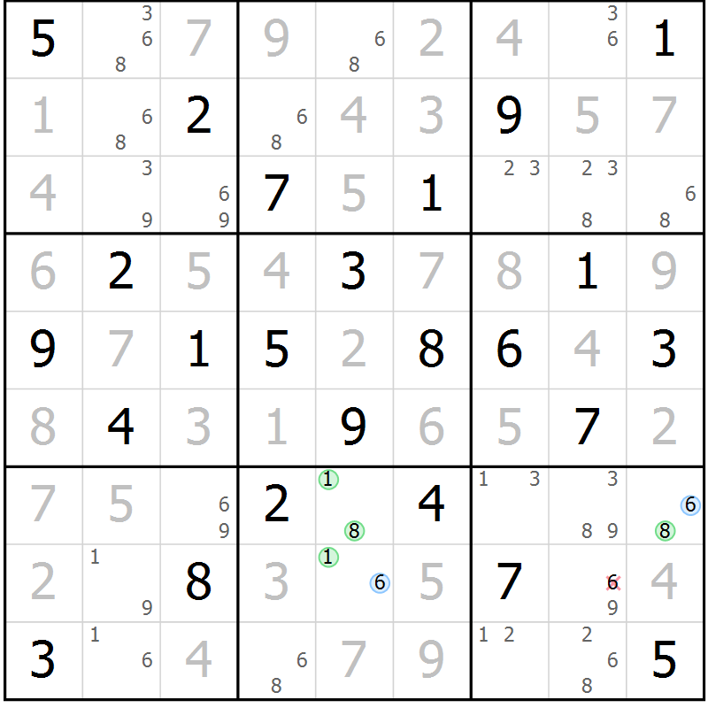 Position des candidats pour la solution de la Gr 57 page 60 du magazine de sudoku Suprême n° 029