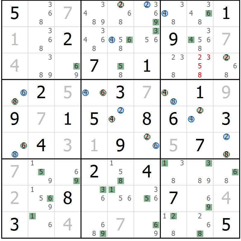 Position des candidats pour la solution de la Gr 57 page 60 du magazine de sudoku Suprême n° 029
