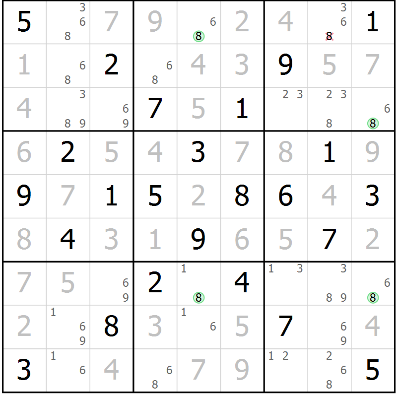Position des candidats pour la solution de la Gr 57 page 60 du magazine de sudoku Suprême n° 029