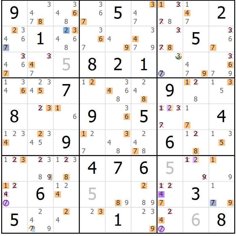 Position des candidats pour la solution de la Gr 58 page 61 du magazine de sudoku Suprême n° 029
