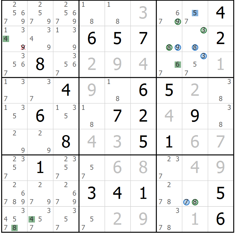 Position des candidats pour la solution de la Gr 6 page 9 du magazine de sudoku Suprême n° 029