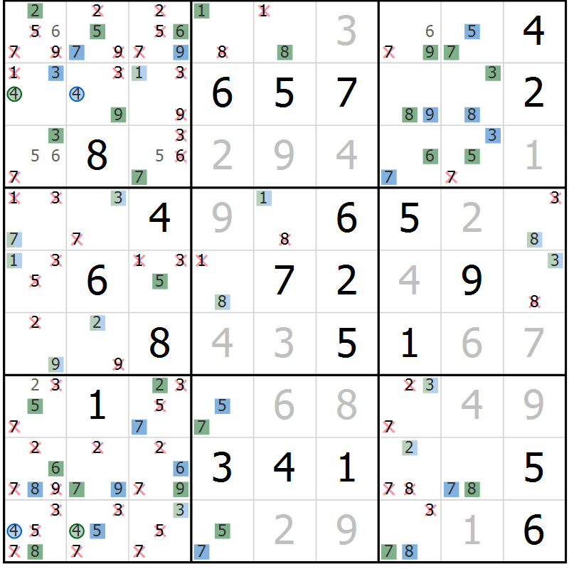 Position des candidats pour la solution de la Gr 6 page 9 du magazine de sudoku Suprême n° 029