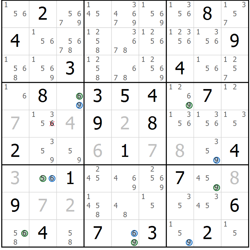 Position des candidats pour la solution de la Gr 60 page 63 du magazine de sudoku Suprême n° 029