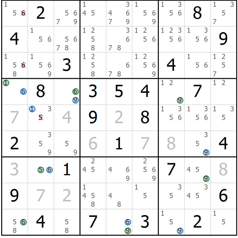 Position des candidats pour la solution de la Gr 60 page 63 du magazine de sudoku Suprême n° 029