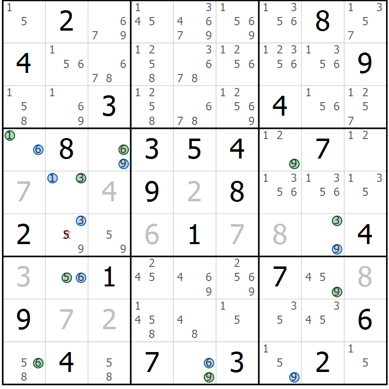 Position des candidats pour la solution de la Gr 60 page 63 du magazine de sudoku Suprême n° 029