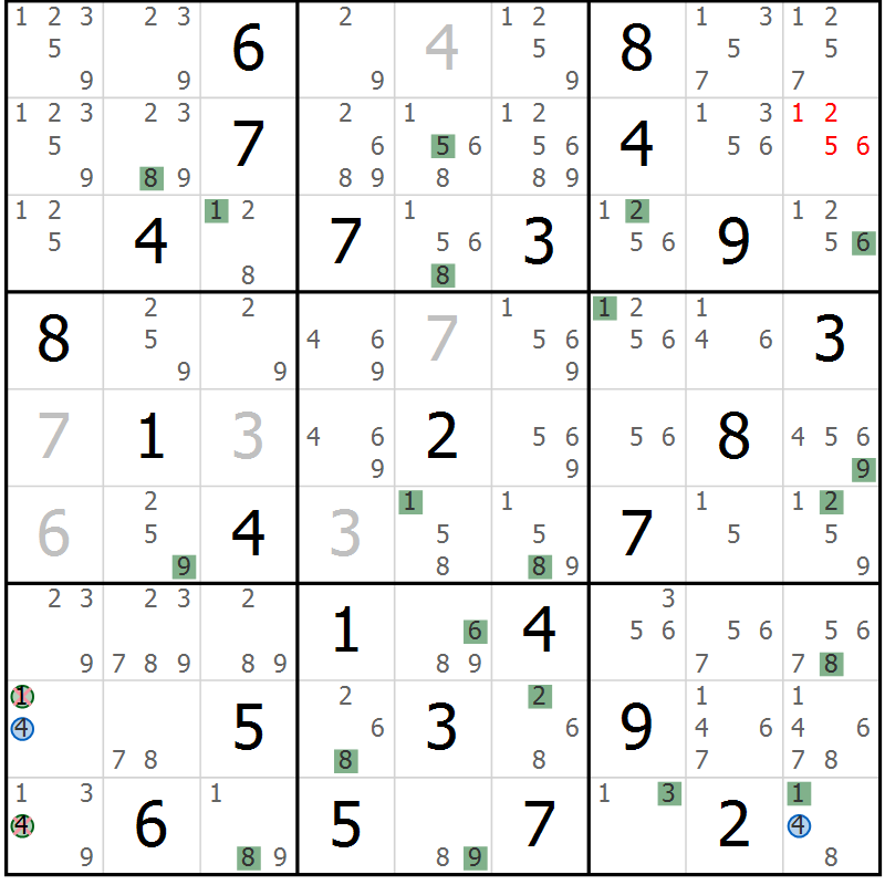 Position des candidats pour la solution de la Gr 61 page 64 du magazine de sudoku Suprême n° 029