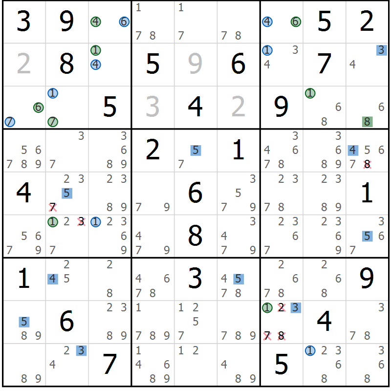 Position des candidats pour la solution de la Gr 63 page 66 du magazine de sudoku Suprême n° 029