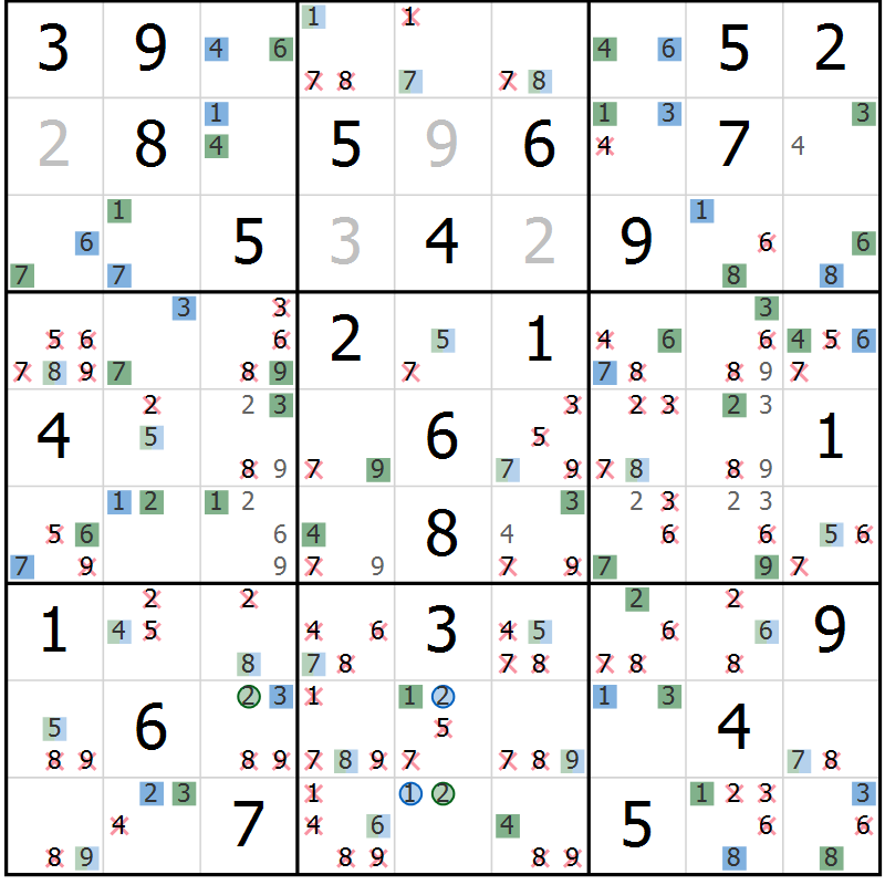 Position des candidats pour la solution de la Gr 63 page 66 du magazine de sudoku Suprême n° 029