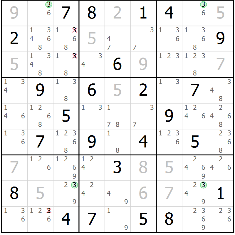 Position des candidats pour la solution de la Gr 64 page 67 du magazine de sudoku Suprême n° 029