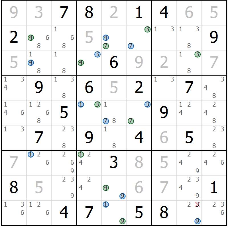 Position des candidats pour la solution de la Gr 64 page 67 du magazine de sudoku Suprême n° 029