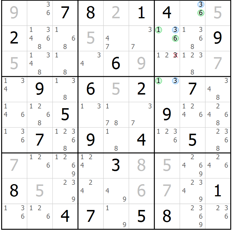 Position des candidats pour la solution de la Gr 64 page 67 du magazine de sudoku Suprême n° 029