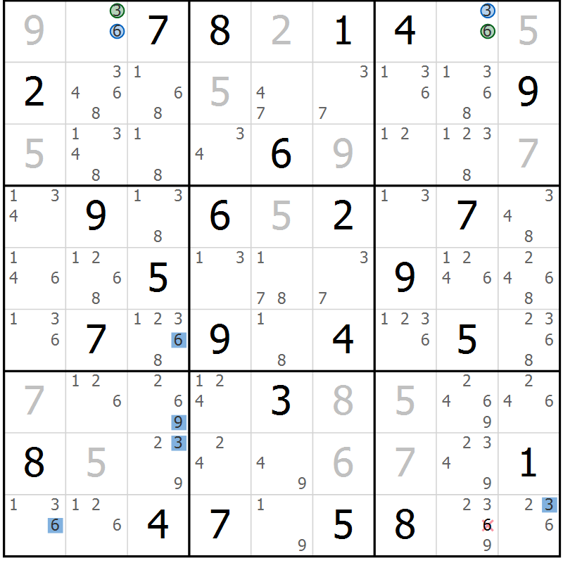 Position des candidats pour la solution de la Gr 64 page 67 du magazine de sudoku Suprême n° 029