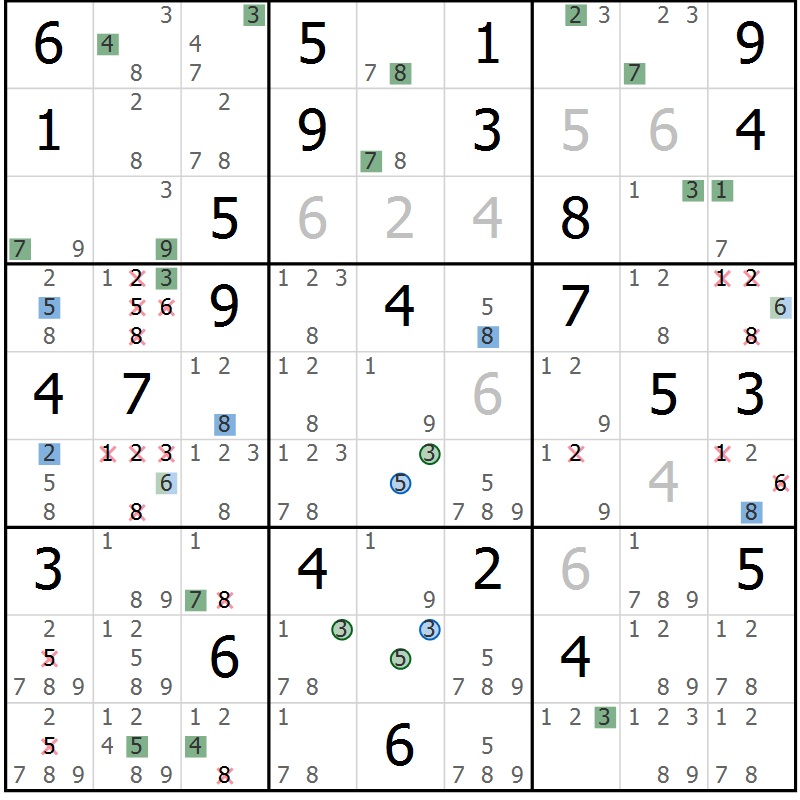 Position des candidats pour la solution de la Gr 65 page 68 du magazine de sudoku Suprême n° 029