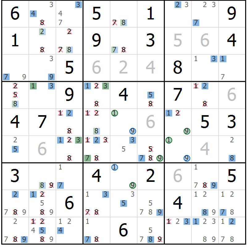 Position des candidats pour la solution de la Gr 65 page 68 du magazine de sudoku Suprême n° 029
