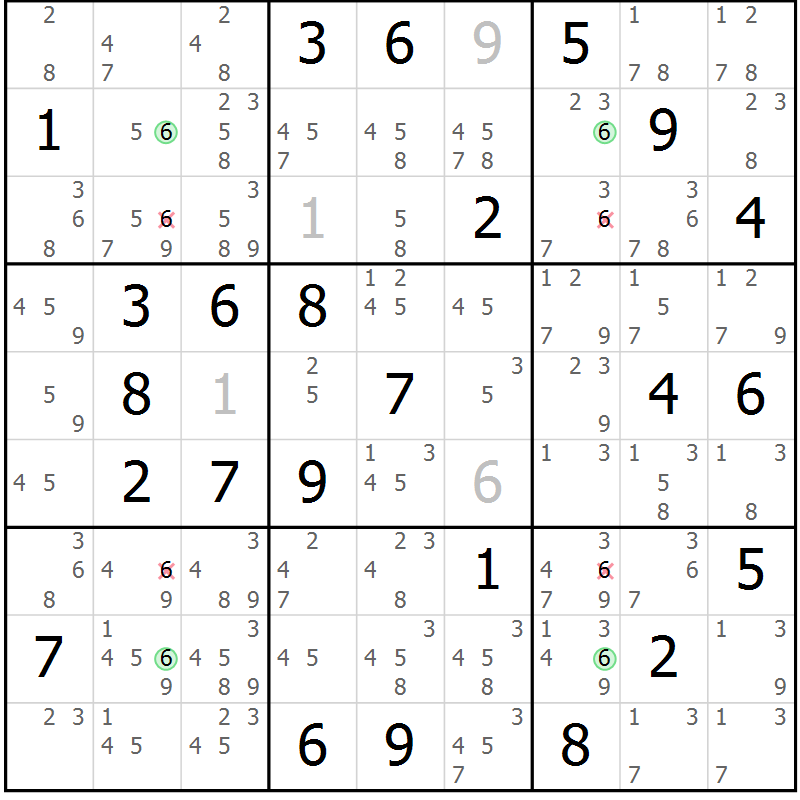 Position des candidats pour la solution de la Gr 67 page 70 du magazine de sudoku Suprême n° 029